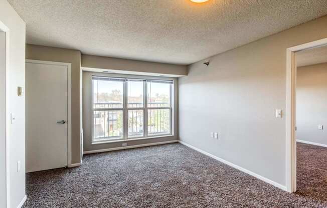 a bedroom with a large window and carpeted flooring