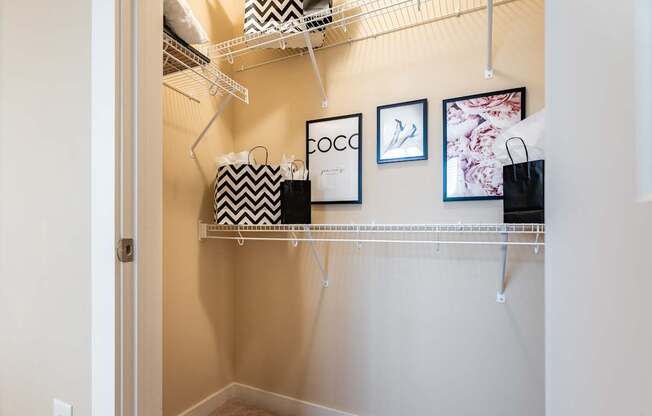 A white closet with shelves and bags.