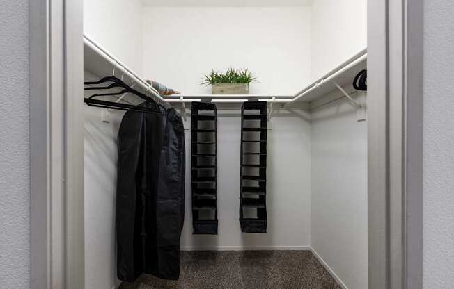 a walk in closet with robes and a plant in it