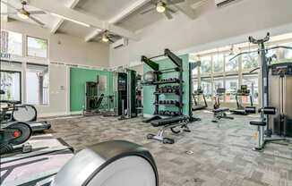 A gym with a variety of equipment including a treadmill, weights, and a stationary bike.