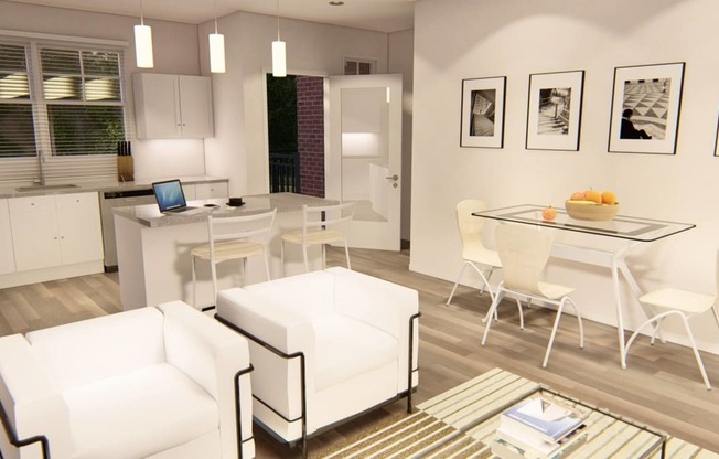 an open kitchen and living room with white furniture and a glass dining table with white chairs at Brownstones at Palisade Park, Broomfield, 80023