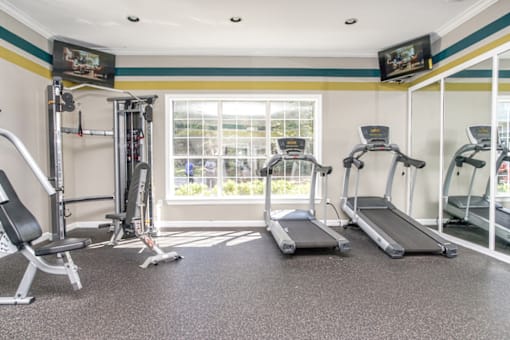 A gym with treadmills, a weight bench, and a television.