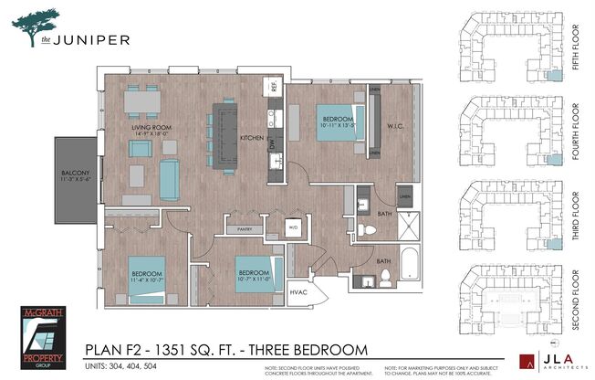 3 beds, 2 baths, 1,351 sqft, $2,675, Unit 304