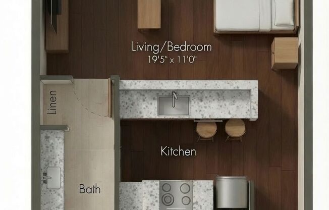 Studio, 1 bath, 580 sqft, $1,543