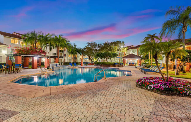 Sunset Gardens pool side at dusk