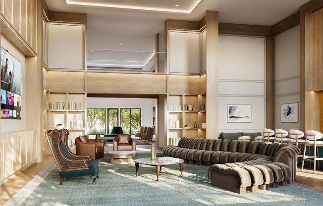 The clubroom features double-height ceilings, curated lounge spaces, built-in library shelving, a media viewing area, and an entertainment bar designed for socializing, relaxing, and gathering with friends and neighbors.