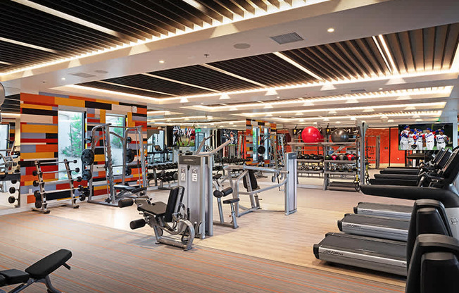The 24-hour fitness center is fully-equipped with cardio and weight equipment