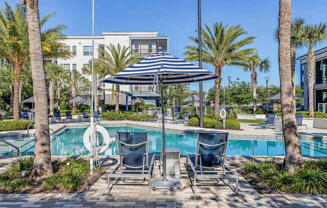 a swimming pool with chairs and umbrellas