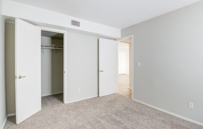 an empty bedroom with a closet and a carpeted floor