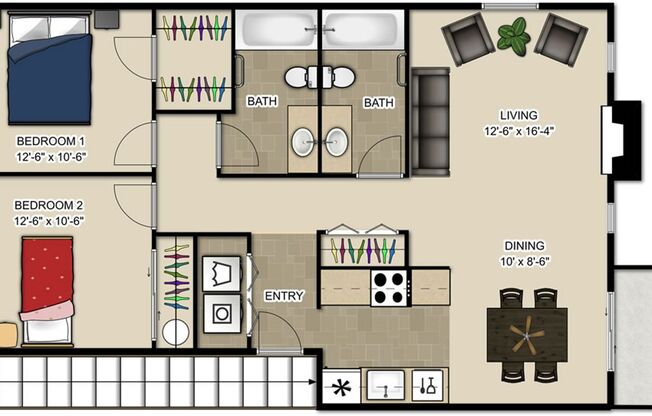 2 beds, 2 baths, 980 sqft, $1,525, Unit B10
