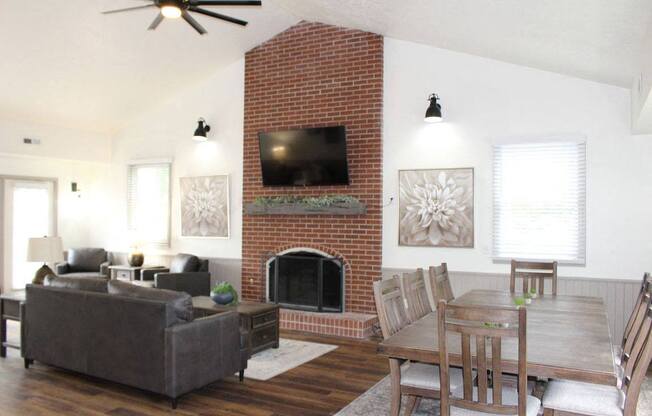 Beautiful Brick Fireplace Wall in Clubhouse at Foxwood and The Hermitage, Portage, MI
