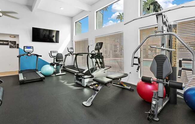 A home gym with a variety of equipment including a treadmill, exercise ball, and weights.
