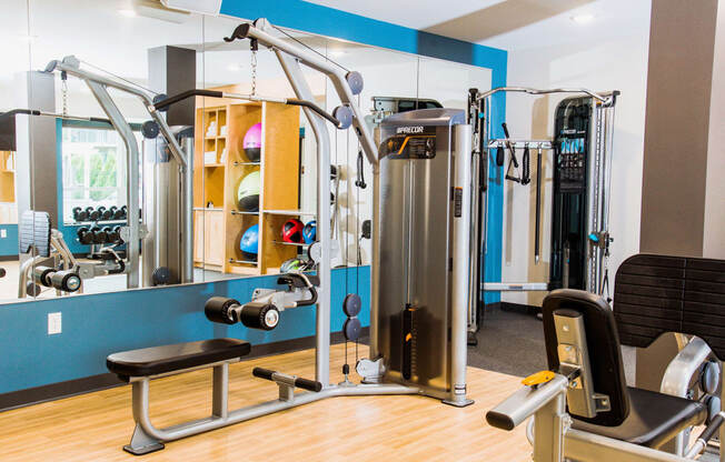 Vibrant fitness center within the apartment complex, equipped with modern amenities. The image captures a well-lit space filled with state-of-the-art exercise equipment, including treadmills, elliptical machines, and an array of free weights.