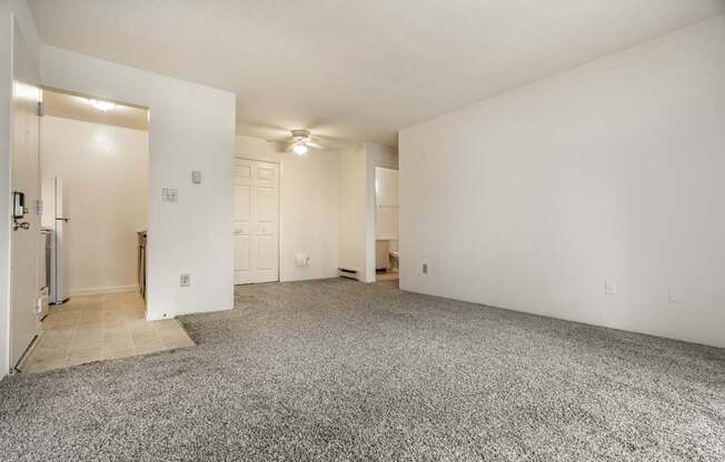 A spacious, empty room with a carpeted floor and white walls