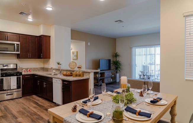 dining kitchen and living room at Turtle Creek apartments