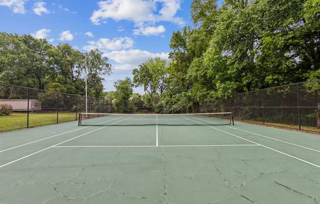 A tennis court surrounded by a fence and trees.