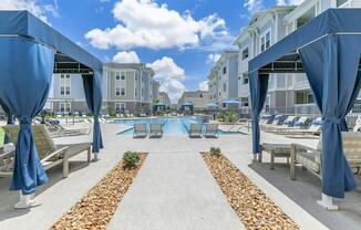 a building with a blue umbrella
