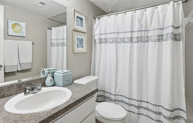 B1 bathroom with a sink, toilet, and curtain at Westdale Pointe in Austin, TX
