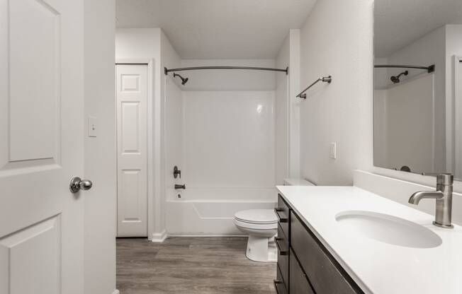 a bathroom with a sink and a toilet and a shower