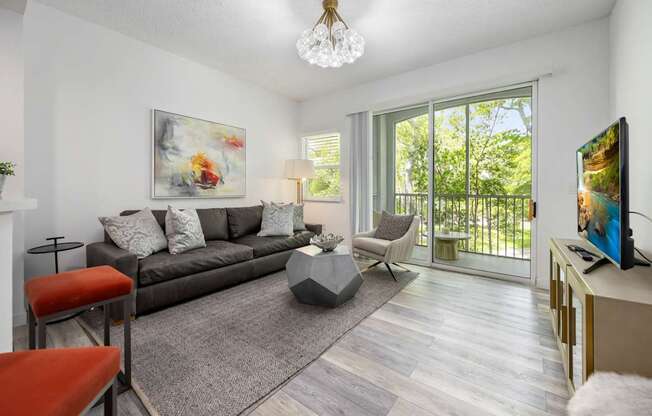 a living room with a couch and a tv and a sliding glass door