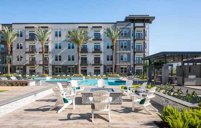 poolside fire pit with seats