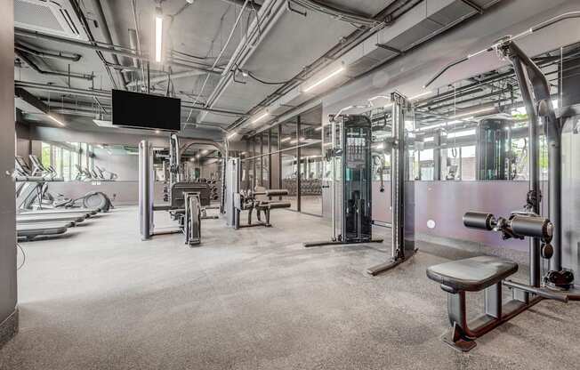 a gym with weights and machines and a tv