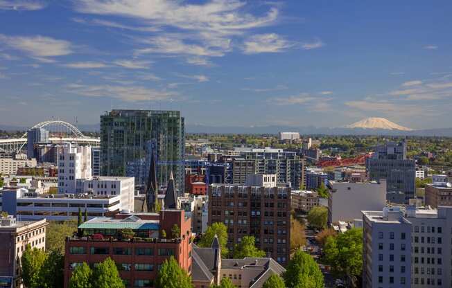 a view of the city with a mountain in the background