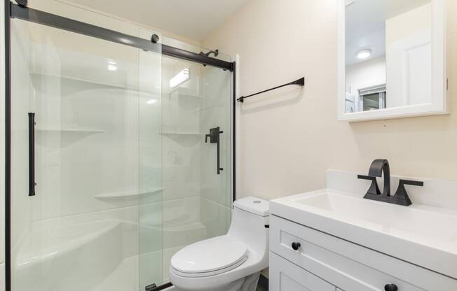 The Reserve at Bucklin Hill Apartments  bathroom with a toilet sink and shower