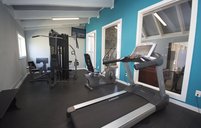 a gym with a treadmill and other exercise equipment