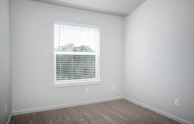 A room with a window covered by white blinds.