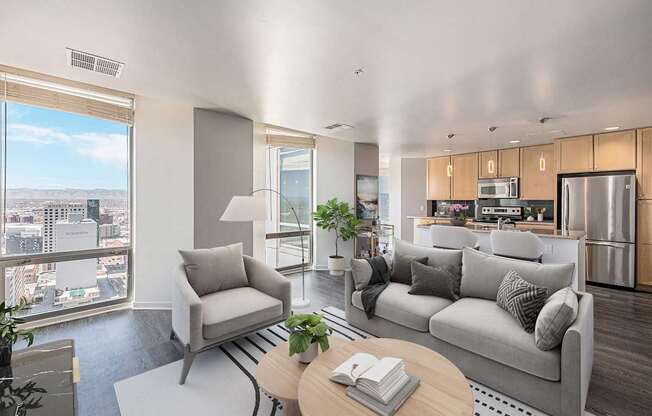 A modern living room with a view of the city.