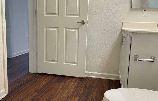 bathroom with wood plank style flooring