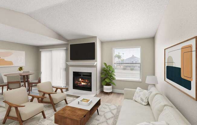 A living room with a fireplace, a couch, a chair, a table, a potted plant, and a painting on the wall.