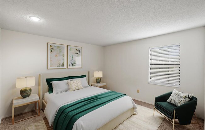 a bedroom with a bed and a chair and a window