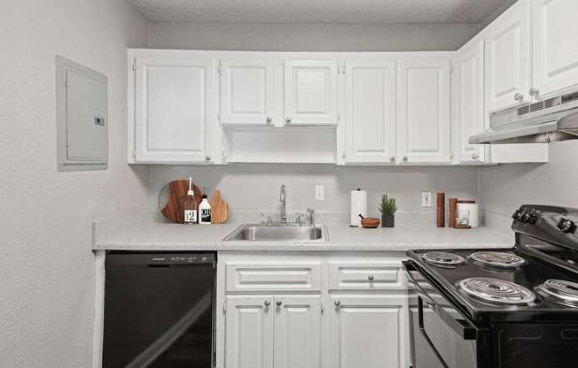 A white kitchen with black appliances and a black dishwasher.