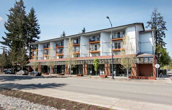 Sunny building exterior from across the street showing balconies and trees at 6 Wood Flats, Lacey Washington