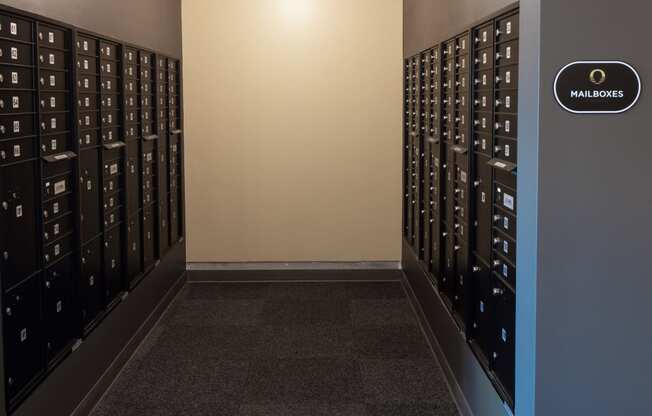 room with lockers at Riverhouse Apartments, North Dakota