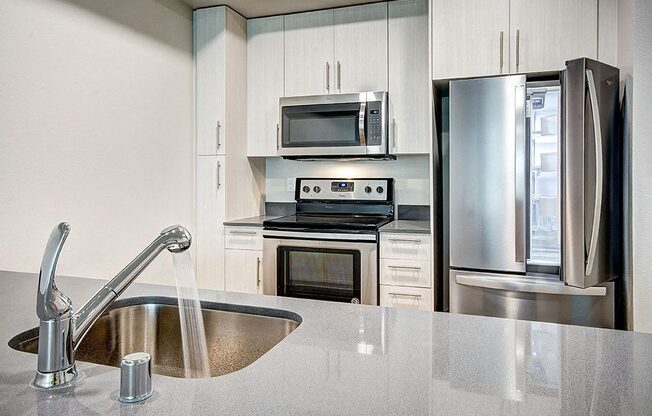 A modern kitchen with a stainless steel sink and appliances. at Ravello Apartments, Washington, 98052