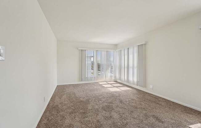 A room with a carpeted floor and a window with blinds.
