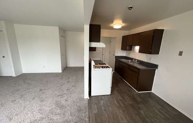 an open concept kitchen and living room in a 3 bedroom apartment