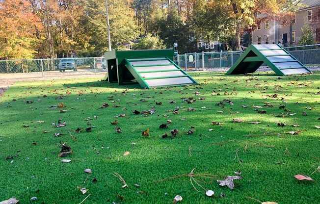 Dog park with grass and ramps