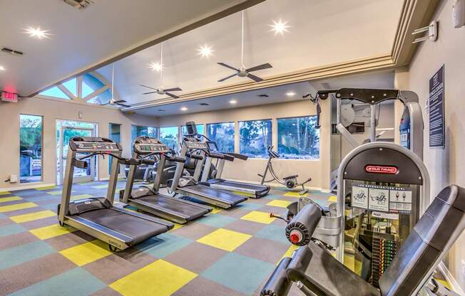 A gym with treadmills and elliptical machines.