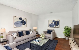 A living room with a grey couch, a glass coffee table, and two framed artworks on the wall.