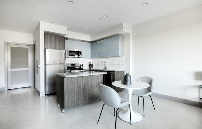 Studio Kitchen with Island at The Mansfield at Miracle Mile, Los Angeles, California