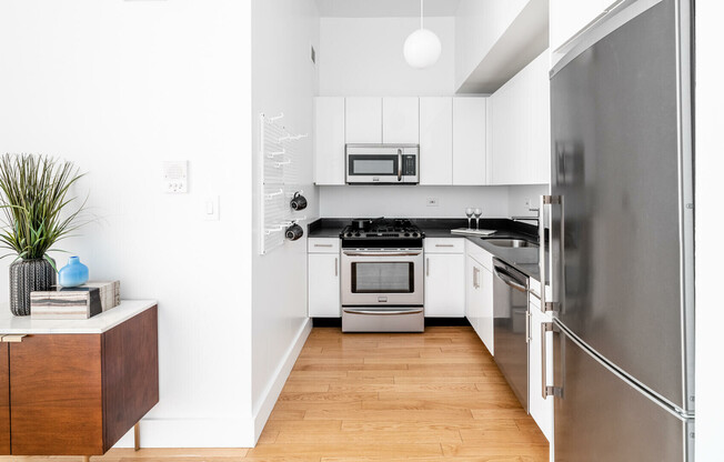 modern kitchen in remodeled apartment in Meatpacking district, Manhattan for rent with stainless ste