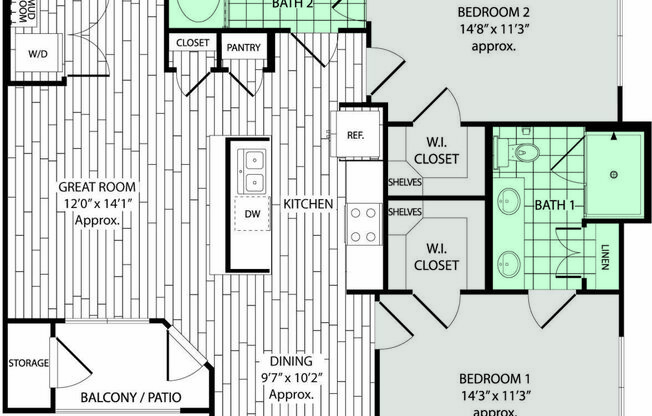 2 beds, 2 baths, 1,109 sqft, $1,756