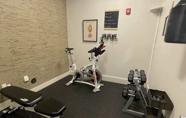 A gym room with a bench, weights, and a wall-mounted TV.