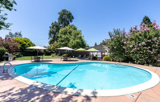 a swimming pool in a backyard with umbrellas