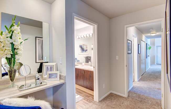 Kent Apartments- Signature Pointe Apartments- vanity hallway bedroom