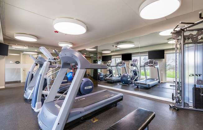 A gym with treadmills and elliptical machines.